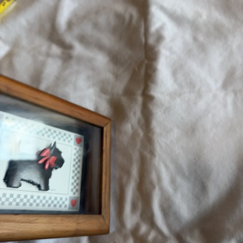 Vintage Scottie Dog Shadow Box Wall Art 4x6 Wood Frame Red Bow Hearts Folk Art